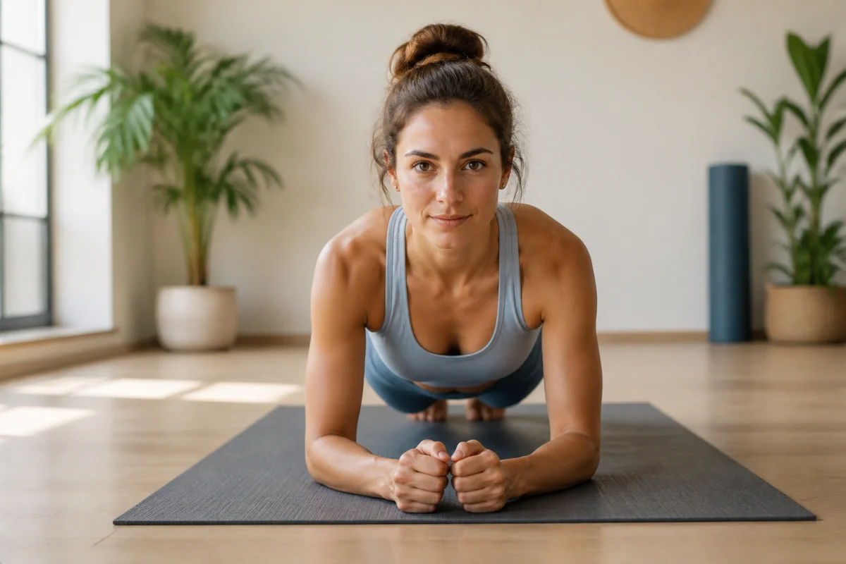 Femme pratiquant un exercice de gainage doux dans un studio lumineux pour corriger un diastasis sans chirurgie.