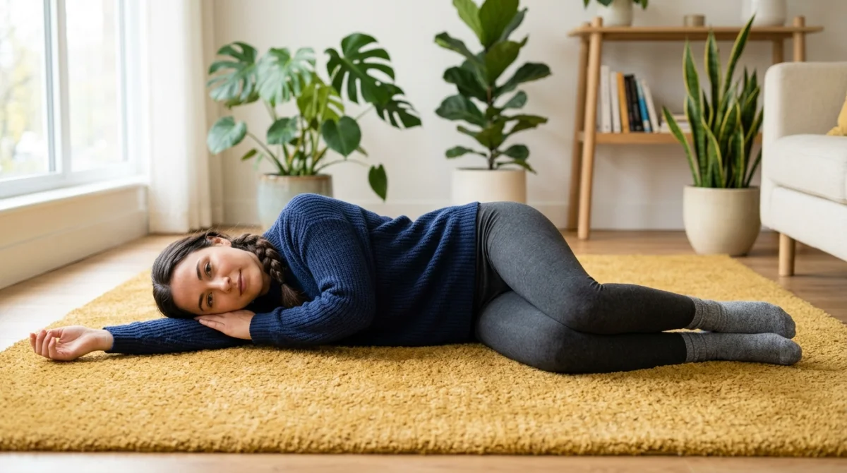 Personne seule en position latérale de sécurité sur un tapis dans un salon, illustrant que faire en cas d'AVC.
