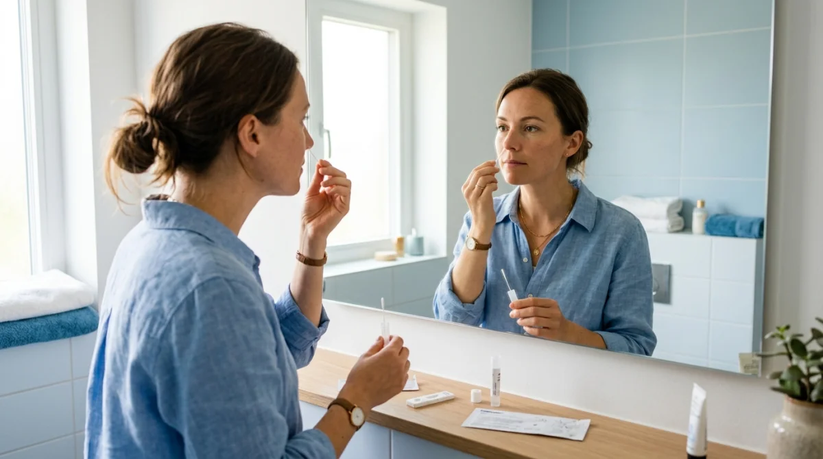 Personne calme effectuant un auto-test devant un miroir pour identifier les signes d'un AVC en étant seul.