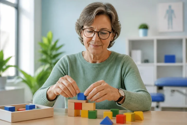 Personne mature effectuant des exercices de motricité fine avec des blocs en bois lors d'une rééducation après un petit AVC.