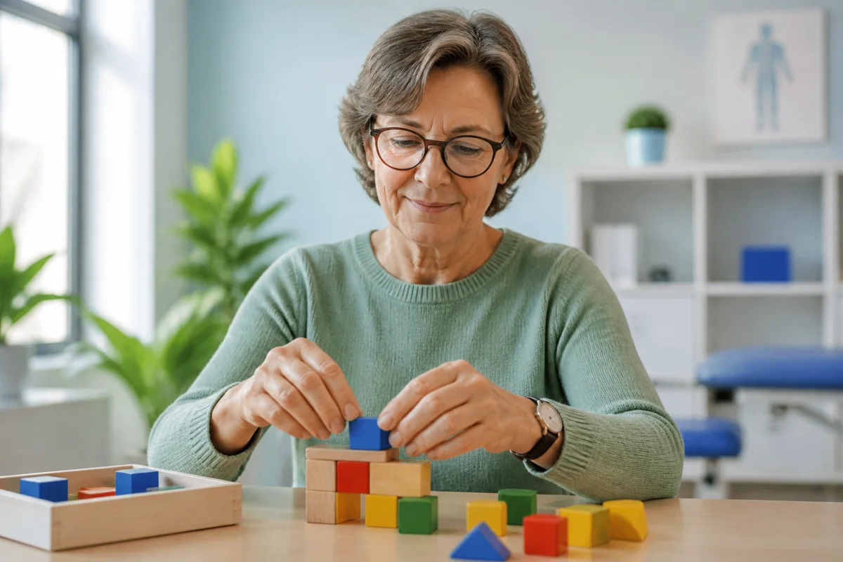 Personne mature effectuant des exercices de motricité fine avec des blocs en bois lors d'une rééducation après un petit AVC.