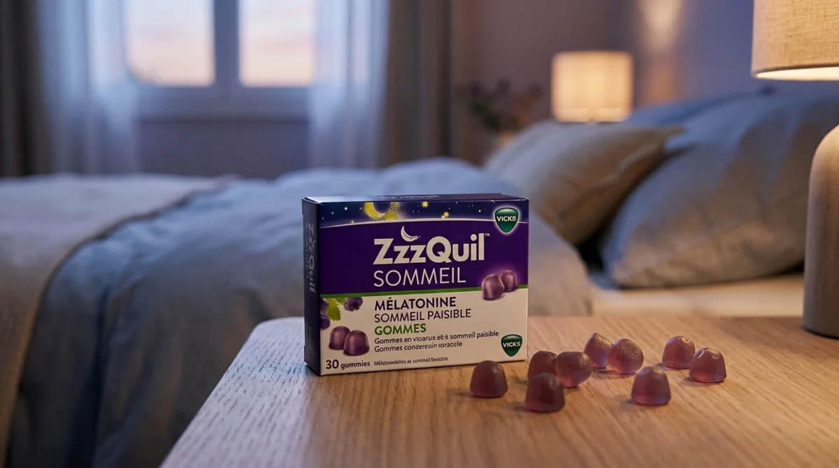 Boîte de gommes ZzzQuil sommeil et gommes éparpillées sur fond doux.