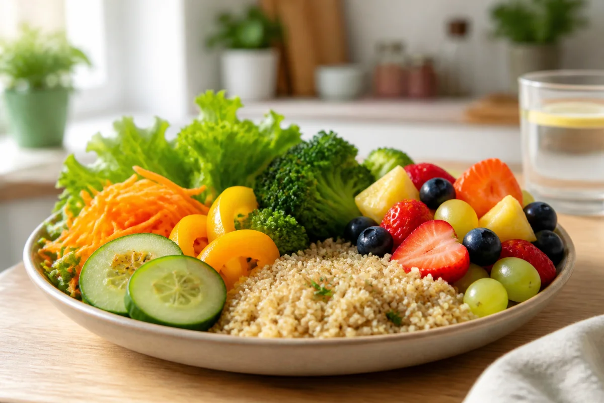 Assiette équilibrée avec légumes frais, quinoa et fruits pour illustrer si supprimer le sucre fait maigrir.