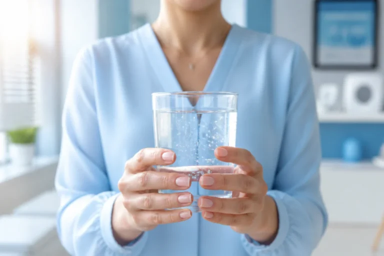 Personne sereine tenant un verre d'eau dans un cabinet médical pour illustrer si l'on peut boire avant une prise de sang.