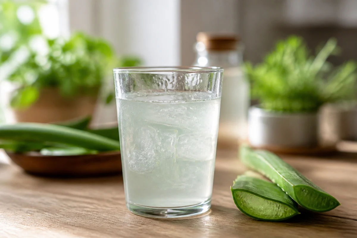 Verre de jus d'aloe vera frais avec une feuille coupée sur une table en bois, illustrant la consommation quotidienne.