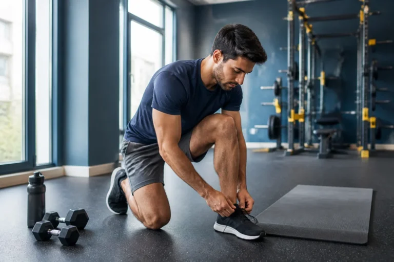 Athlète se préparant dans une salle de sport moderne pour une séance de cardio ou musculation pour maigrir.