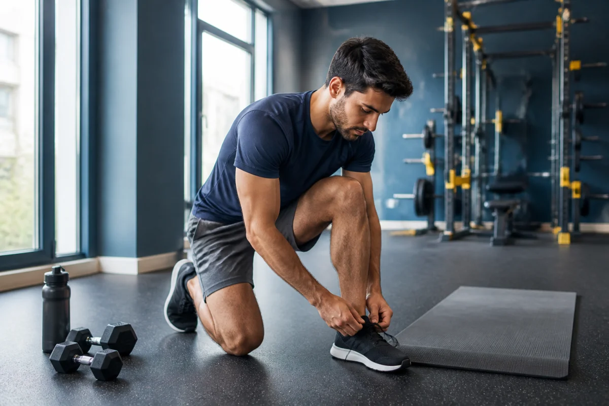 Athlète se préparant dans une salle de sport moderne pour une séance de cardio ou musculation pour maigrir.