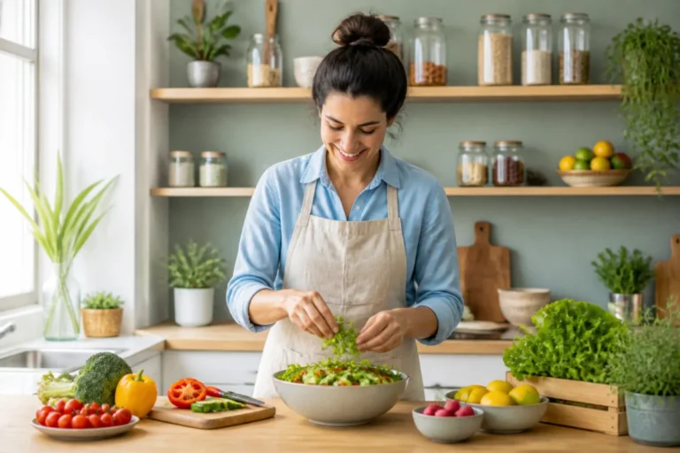 Personne enthousiaste préparant des légumes frais dans une cuisine moderne pour rester motivée à maigrir sainement.