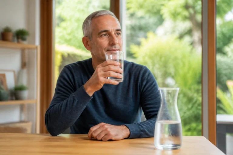 Personne sereine buvant un verre d'eau fraîche pour illustrer la santé après une pancréatite aiguë.