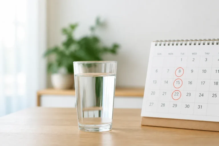 Verre d'eau sur une table à côté d'un calendrier pour illustrer la préparation avant une coloscopie.