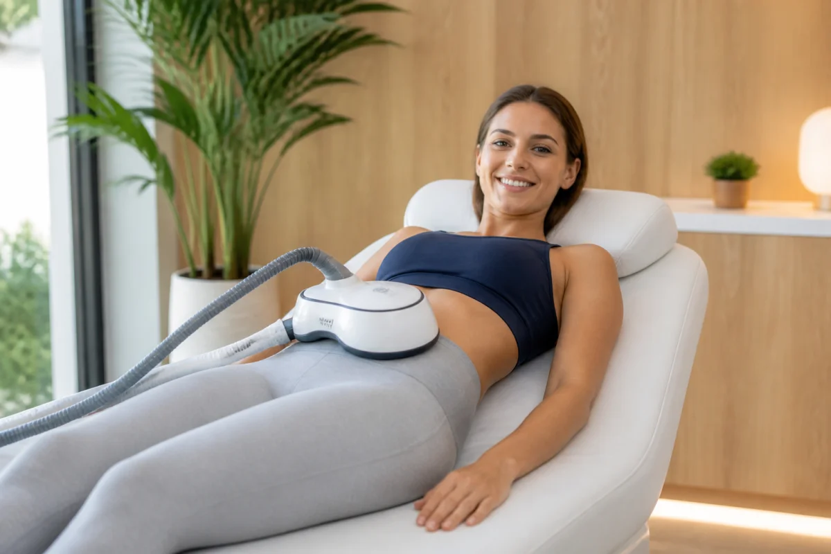 Personne détendue recevant un soin esthétique abdominal dans un centre de bien-être pour enlever la graisse du ventre sans chirurgie.