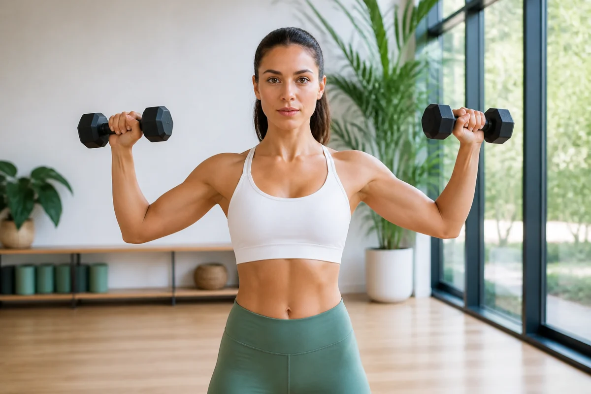 Femme athlétique pratiquant des exercices de renforcement musculaire dans un studio lumineux pour raffermir sa poitrine naturellement.