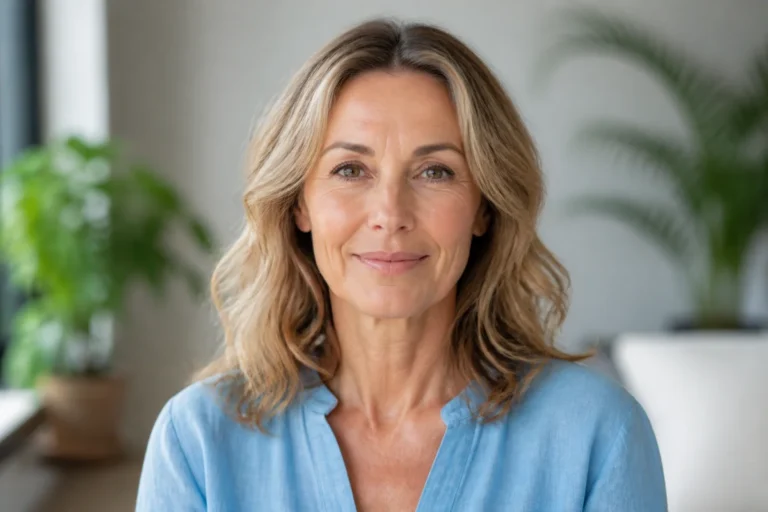 Portrait d'une femme mature au teint éclatant et naturel, illustrant les résultats d'un lifting du visage sans chirurgie.