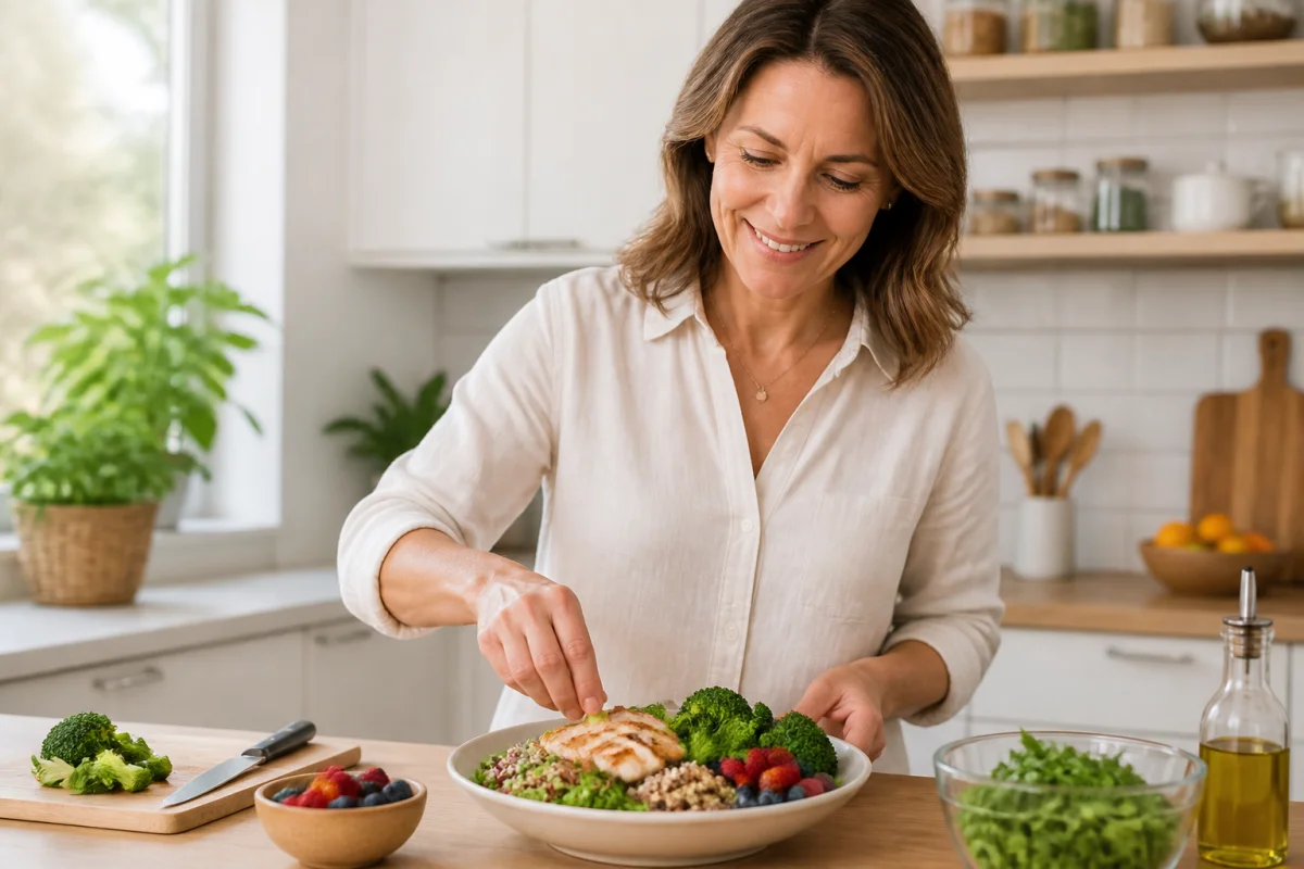 Femme épanouie préparant un repas équilibré et sain dans une cuisine moderne pour maigrir après 40 ans.