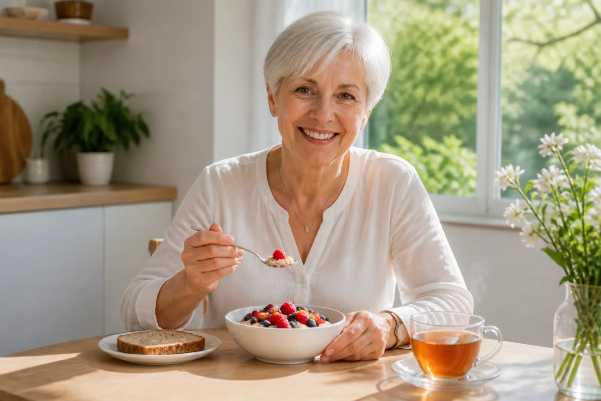 Femme souriante de soixante-cinq ans prenant un petit-déjeuner équilibré pour maigrir après 60 ans dans une cuisine lumineuse.