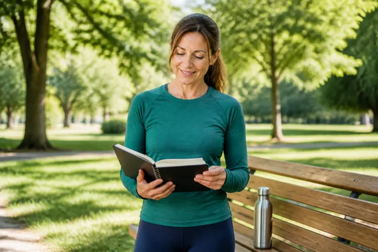 Femme de 45 ans en tenue de sport consultant son carnet dans un parc pour maigrir après 40 ans.