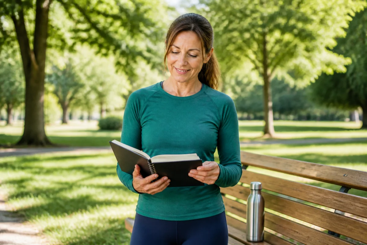 Femme de 45 ans en tenue de sport consultant son carnet dans un parc pour maigrir après 40 ans.