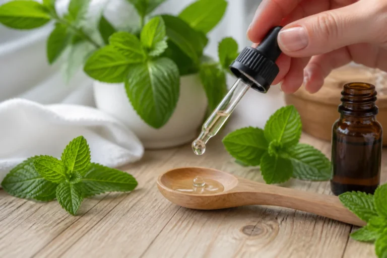 Main tenant un compte-gouttes au-dessus d'une cuillère avec de l'huile essentielle de menthe poivrée et des feuilles fraîches.