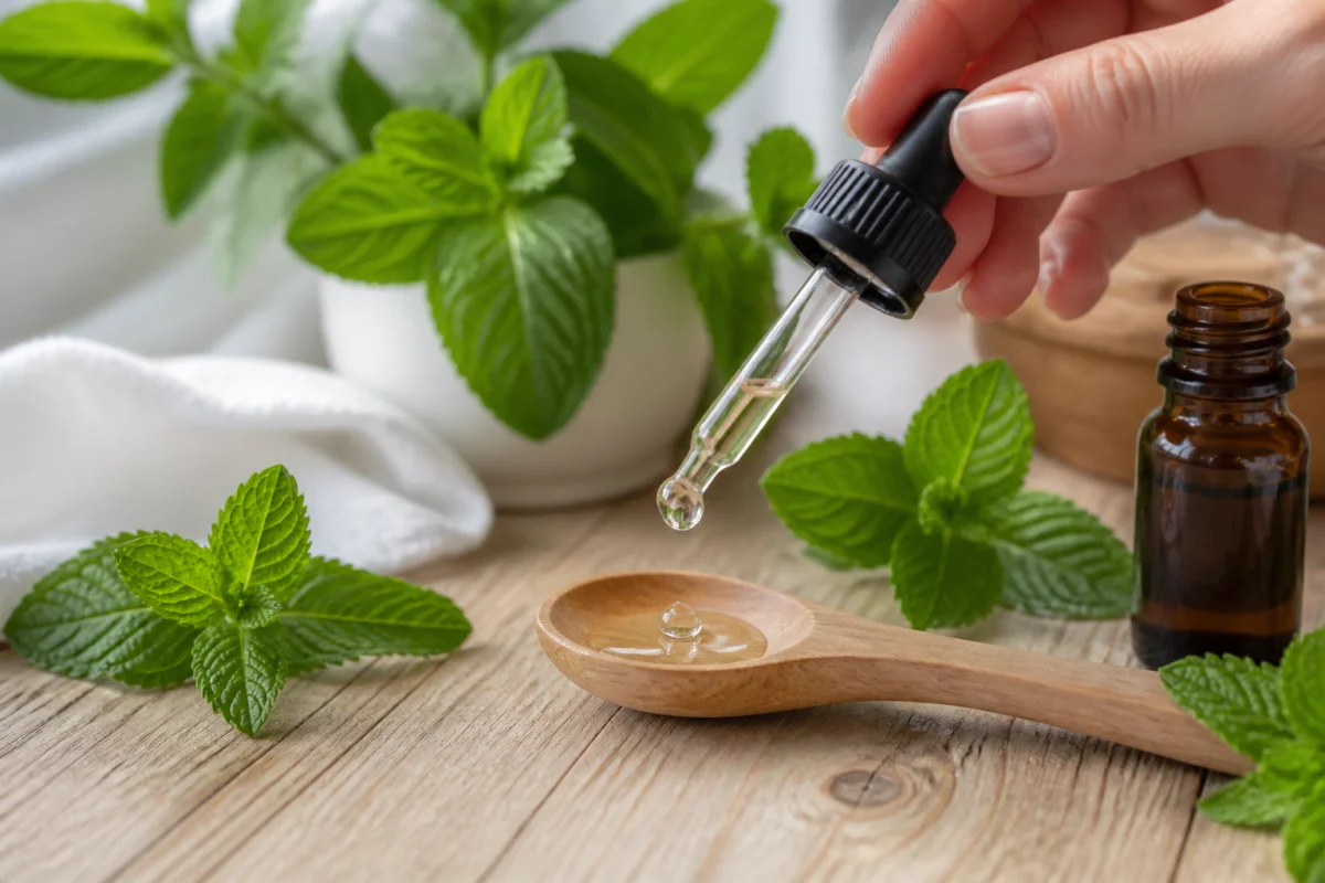 Main tenant un compte-gouttes au-dessus d'une cuillère avec de l'huile essentielle de menthe poivrée et des feuilles fraîches.