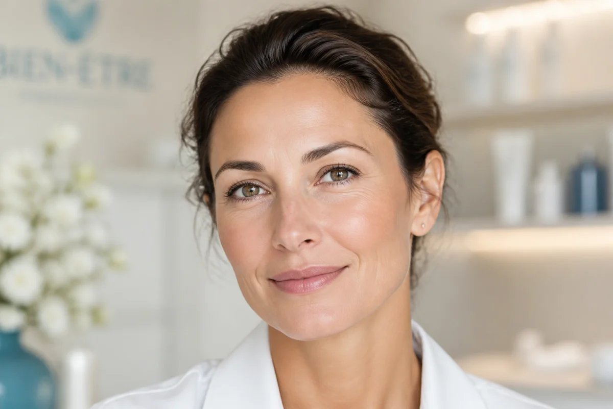 Femme rayonnante au teint lisse dans un institut, illustrant les résultats naturels d'un lifting du visage sans chirurgie.