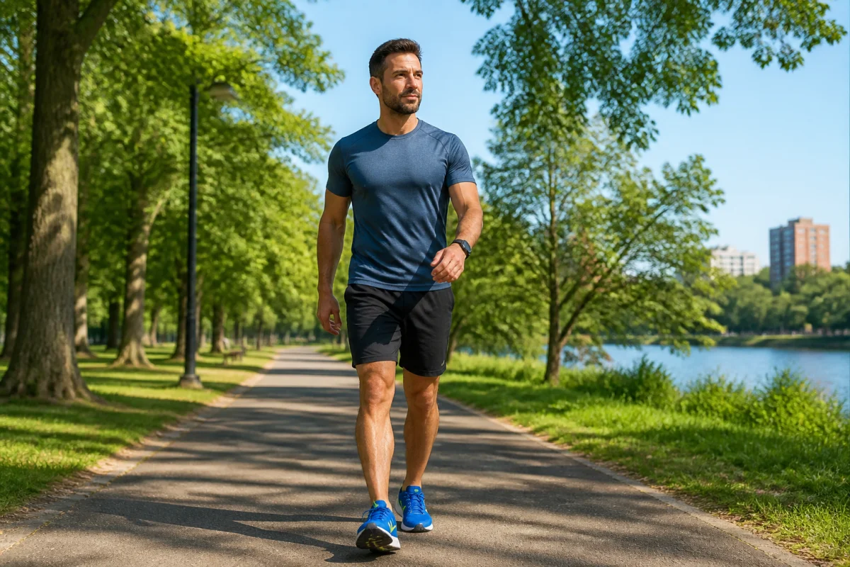Personne en tenue de sport marchant énergiquement dans un parc pour illustrer combien de temps faut-il marcher pour perdre 1kg.