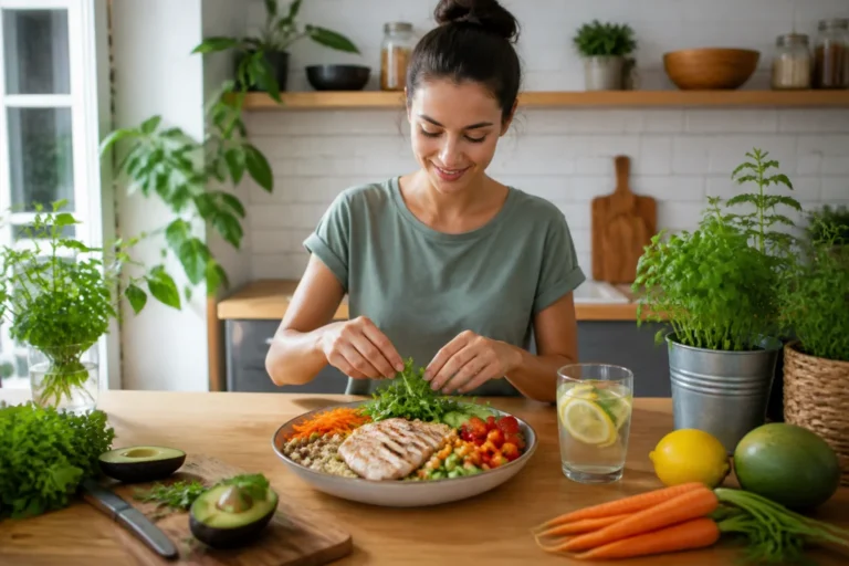 Personne souriante préparant une assiette équilibrée et saine dans une cuisine moderne pour une perte de poids réussie.