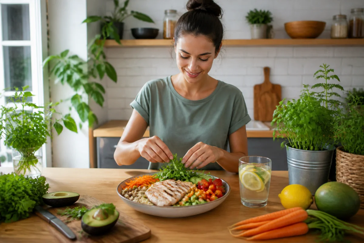 Personne souriante préparant une assiette équilibrée et saine dans une cuisine moderne pour une perte de poids réussie.