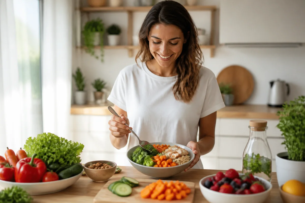 Personne souriante préparant un repas équilibré et sain dans une cuisine moderne pour perdre du poids durablement.