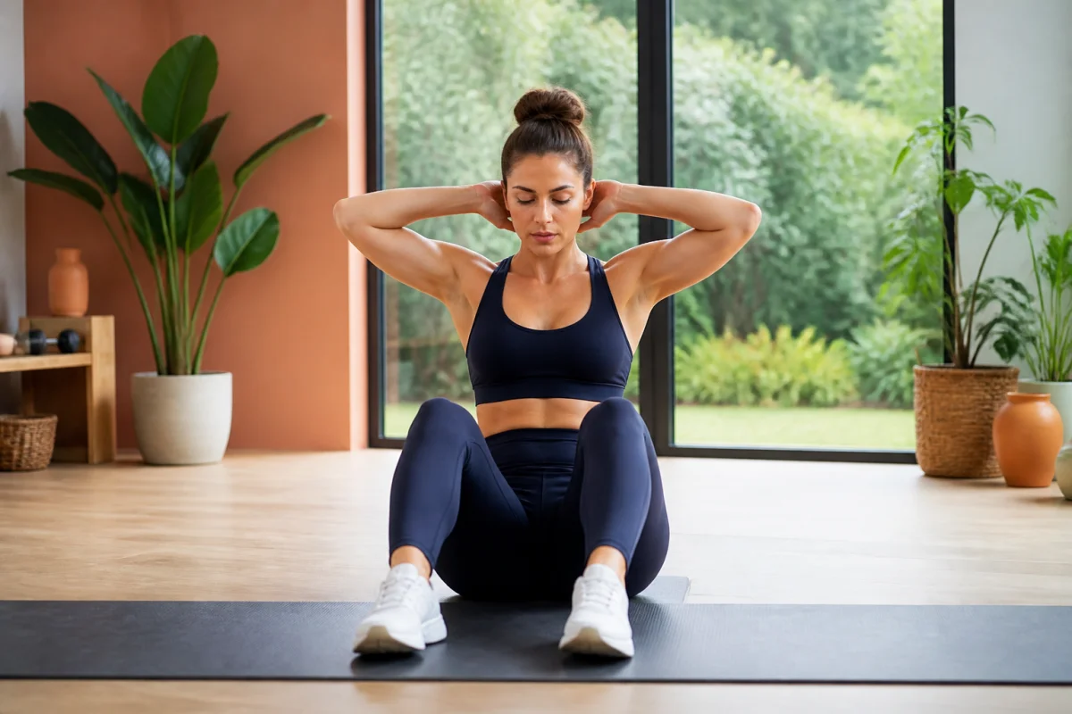 Femme pratiquant un exercice de renforcement abdominal sur un tapis pour comparer pilates ou yoga pour maigrir.