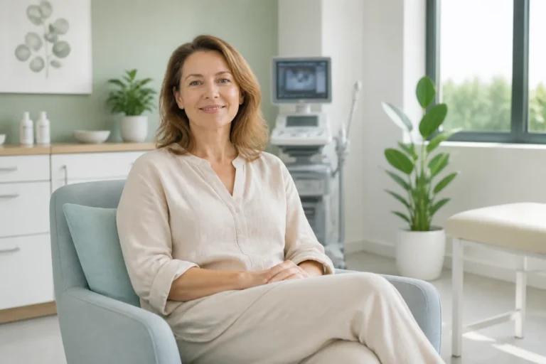 Patiente souriante et sereine dans un cabinet médical moderne pour soigner un fibrome sans chirurgie.