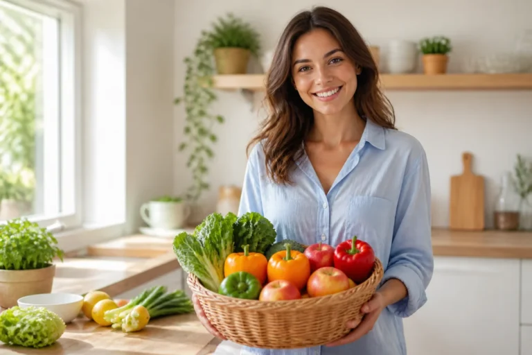 Personne souriante dans une cuisine moderne tenant un panier de fruits et légumes frais pour manger sainement.