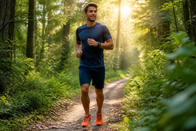 Personne sportive marchant activement sur un sentier forestier pour illustrer combien de temps faut-il marcher pour perdre 1kg.