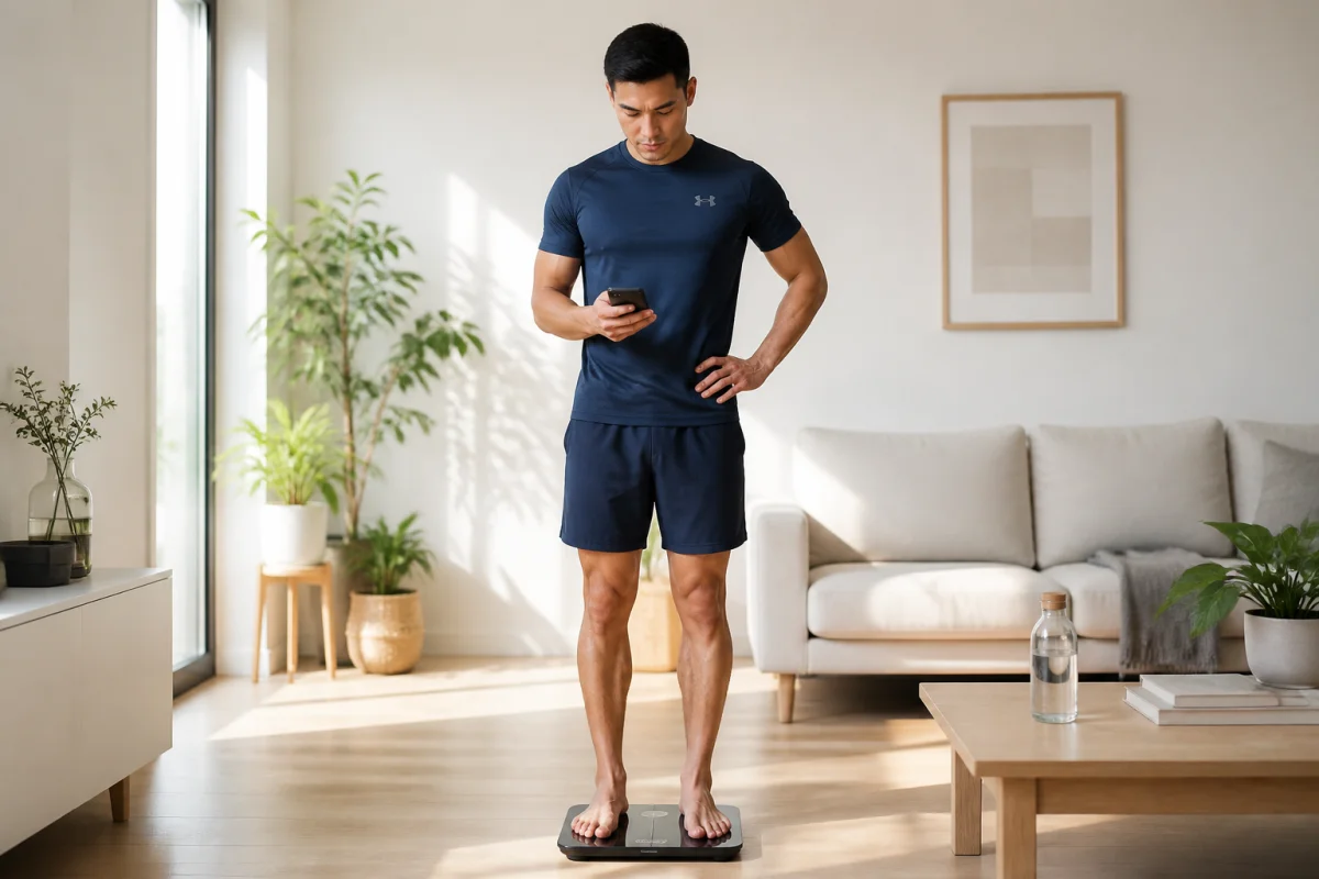 Personne athlétique consultant une balance connectée pour suivre sa progression et perdre 10 kg sainement dans un intérieur moderne.