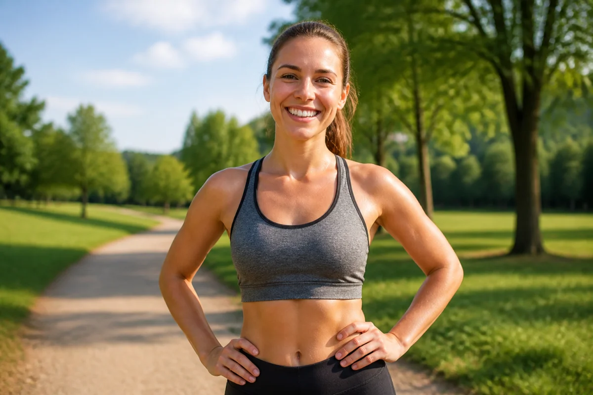 Personne athlétique et souriante dans un parc, illustrant la réussite et la motivation pour perdre 15 kg.