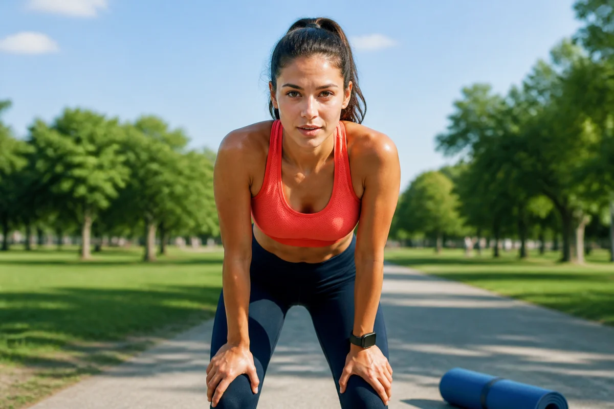 Personne athlétique reprenant son souffle dans un parc, illustrant la discipline pour perdre 15 kg durablement.