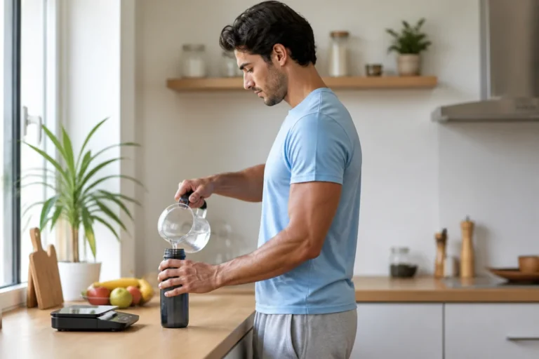 Personne athlétique remplissant sa gourde dans une cuisine moderne pour illustrer comment perdre 3 kg sainement.