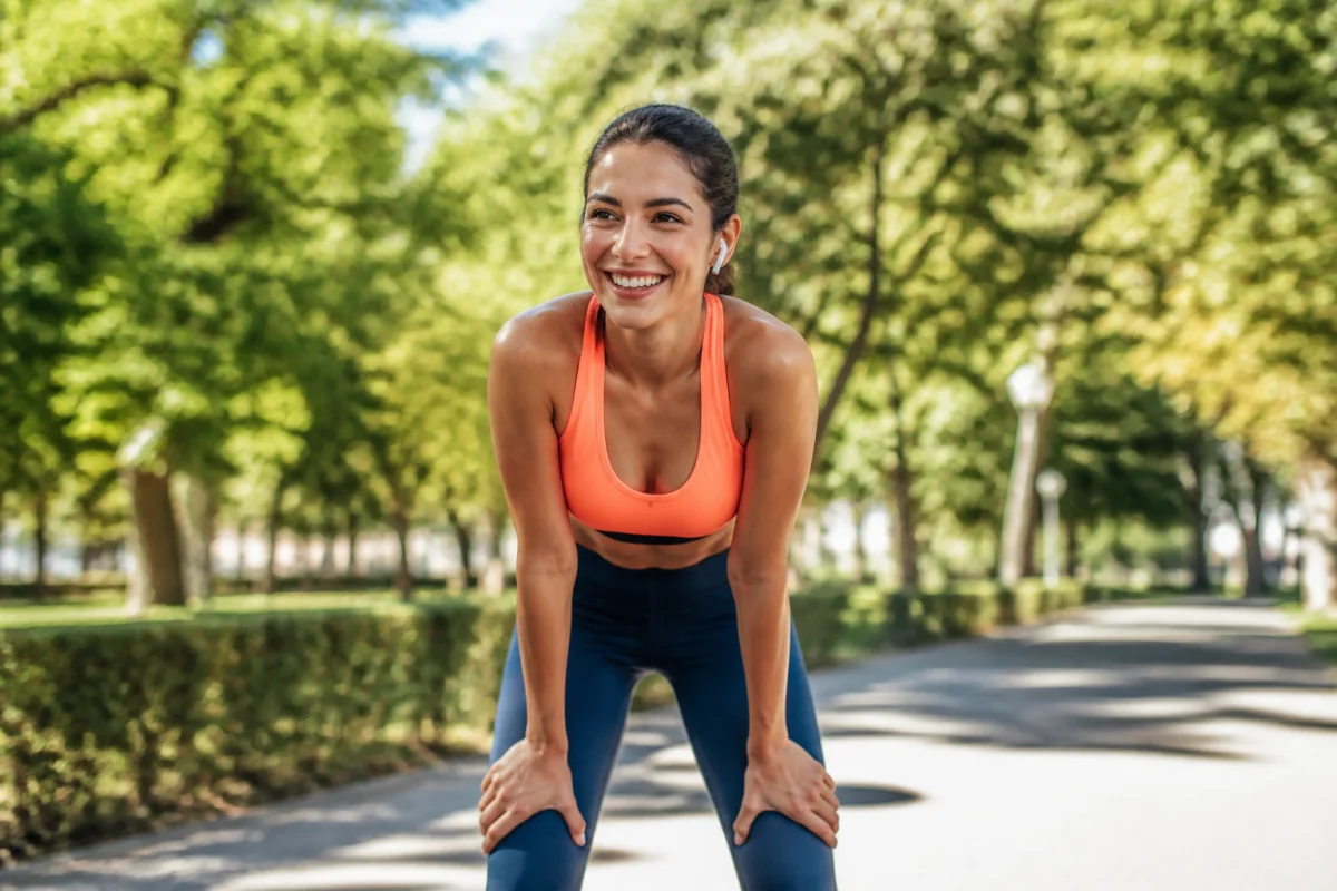 Personne athlétique souriante après une séance de course en parc pour illustrer combien de temps pour perdre 3 kg.