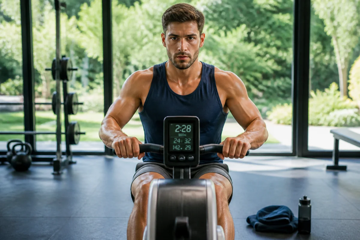 Athlète pratiquant le rameur dans une salle lumineuse pour optimiser son temps d'entraînement et perdre du poids.