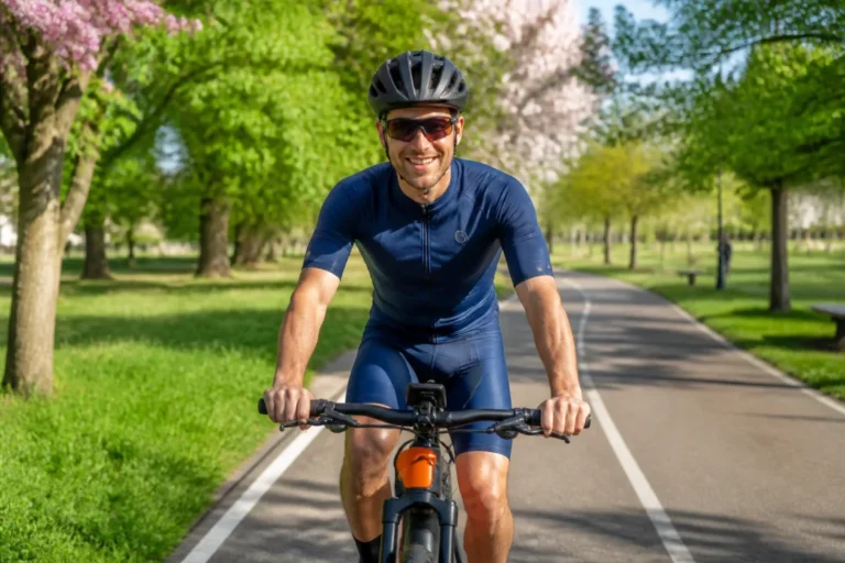 Cycliste souriant sur un vélo électrique dans un parc, illustrant combien de temps de vélo pour perdre 1kg.