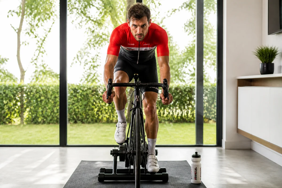 Cycliste athlétique s'entraînant intensément sur un vélo d'intérieur pour optimiser sa dépense énergétique et perdre du poids.