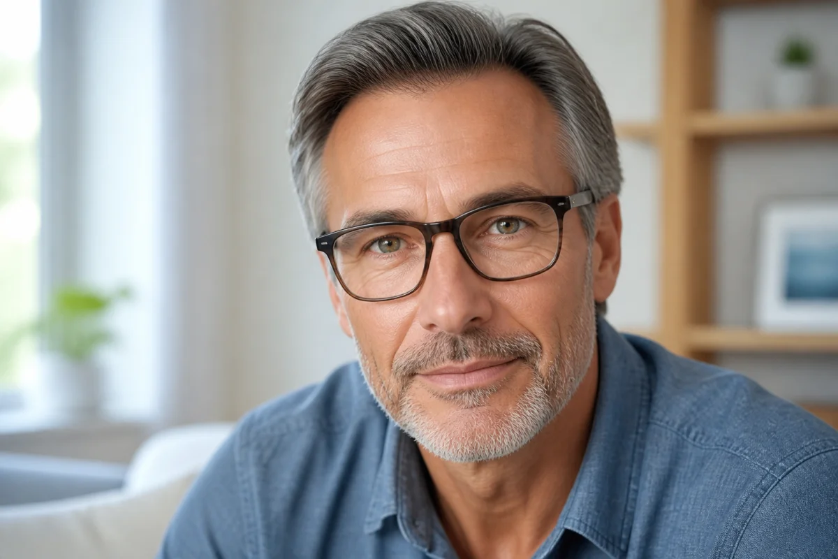Personne d'âge mûr au regard clair et serein portant des lunettes, illustrant un traitement cataracte sans chirurgie réussi.