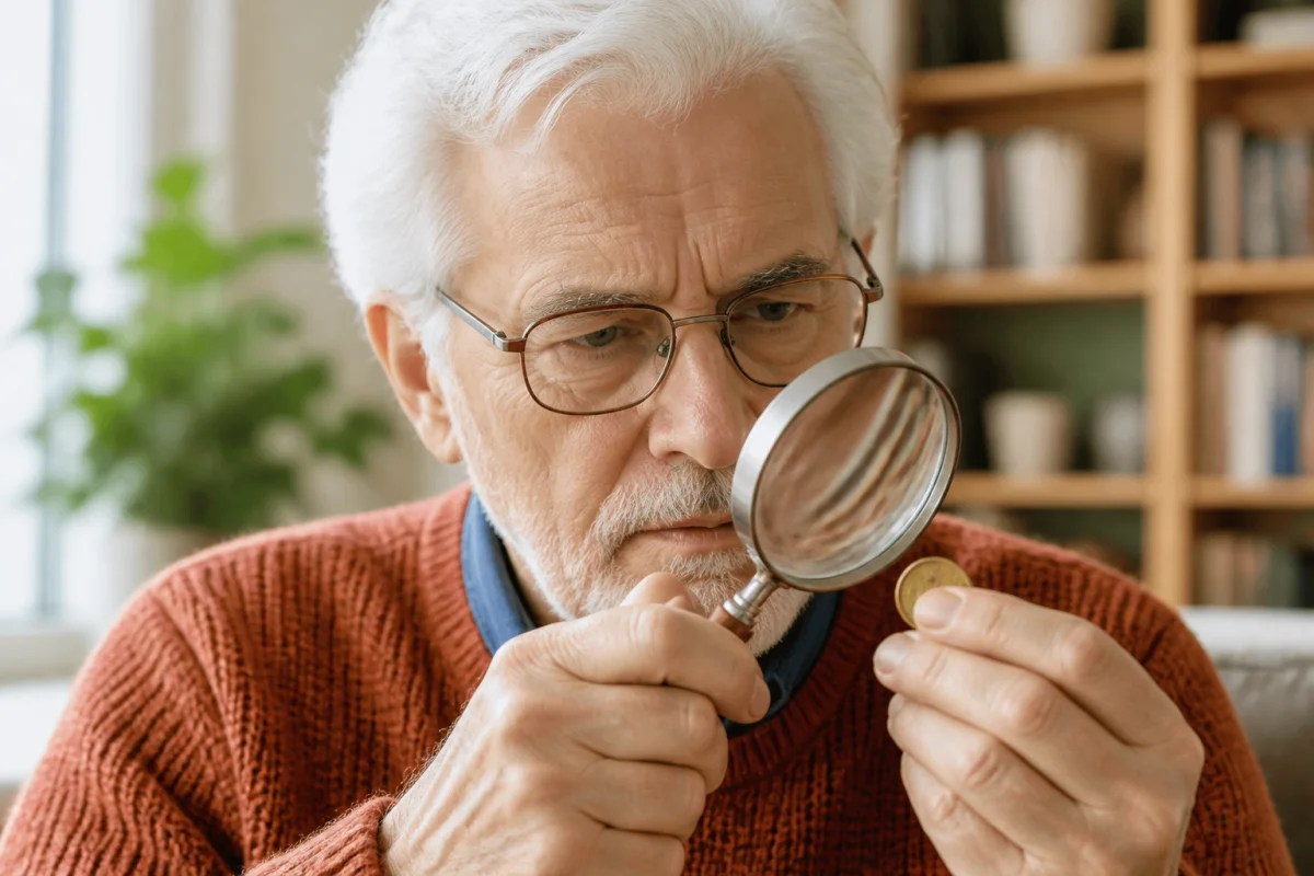 Personne âgée utilisant une loupe pour lire, illustrant une solution pour le traitement cataracte sans chirurgie.