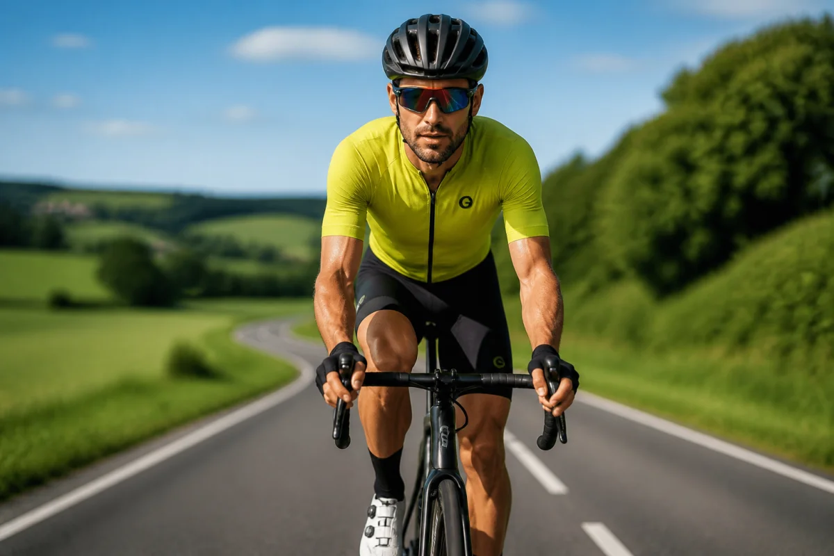 Cycliste sportif pédalant sur une route ensoleillée pour illustrer combien de temps de vélo pour perdre 10 kg.