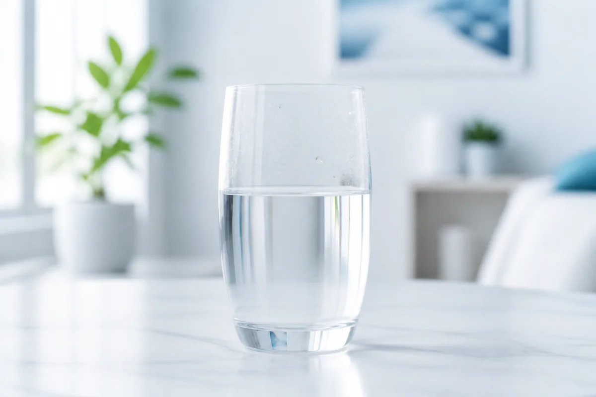 Verre d'eau cristalline sur une table pour illustrer s'il faut boire avant une analyse d'urine.