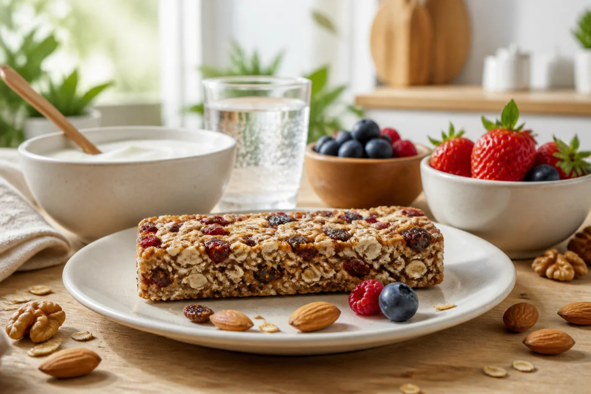 Barre protéinée pour maigrir accompagnée de yaourt nature, noix et fruits frais dans une cuisine lumineuse