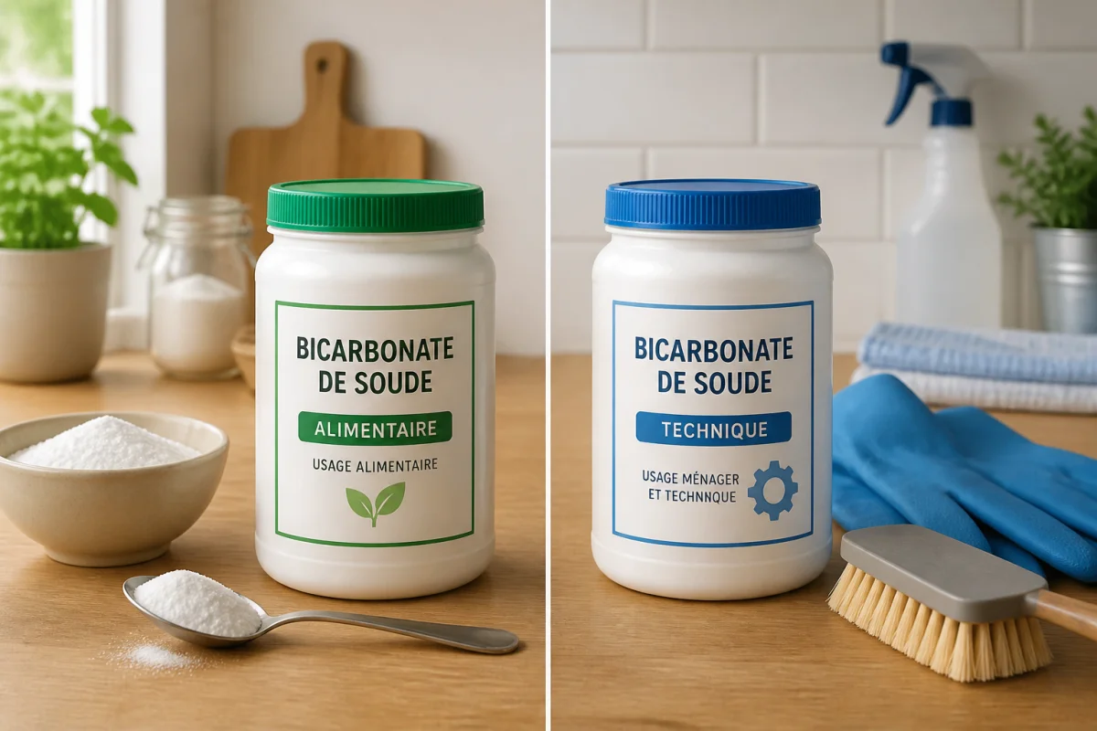 Bicarbonate de soude alimentaire et technique séparés, avec cuillère, bol et accessoires d’entretien dans une cuisine lumineuse