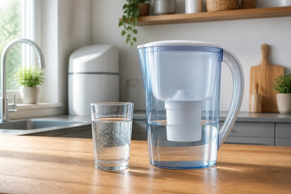 Verre d’eau claire et carafe filtrante dans une cuisine moderne équipée d’un adoucisseur d’eau