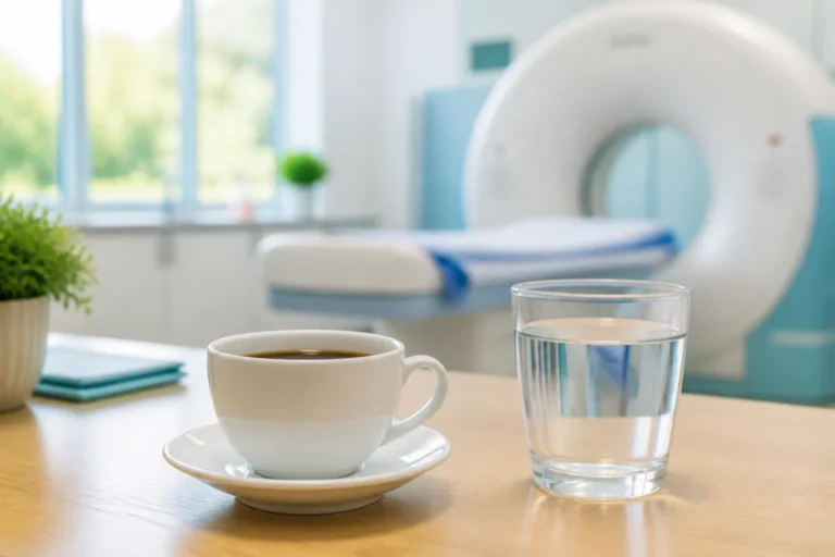 Tasse de café décaféiné et verre d’eau avant un PET scan, dans une salle de préparation médicale