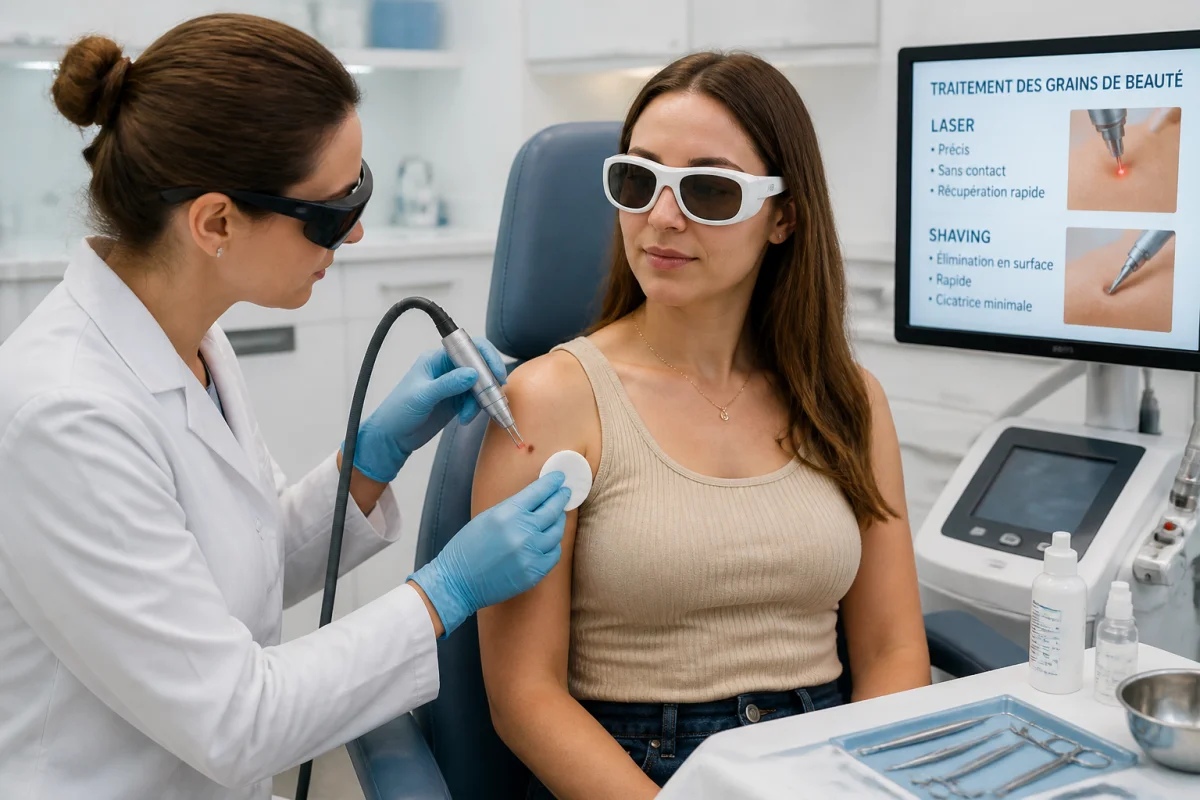 Dermatologue expliquant comment enlever un grain de beauté sans chirurgie avec laser ou shaving médical encadré