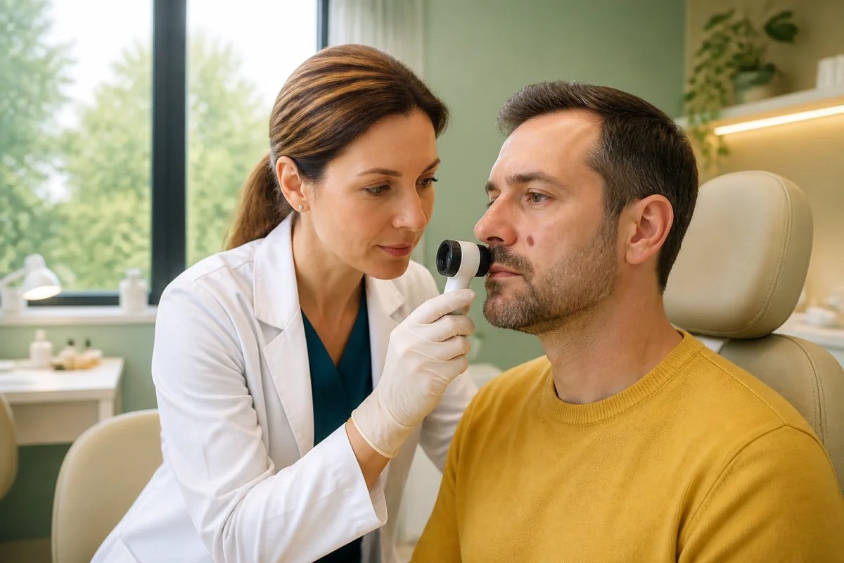 Dermatologue examinant un grain de beauté au dermatoscope pour évaluer son retrait sans chirurgie